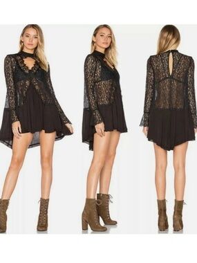 Free people black lace Tell Tale tunic mini dress